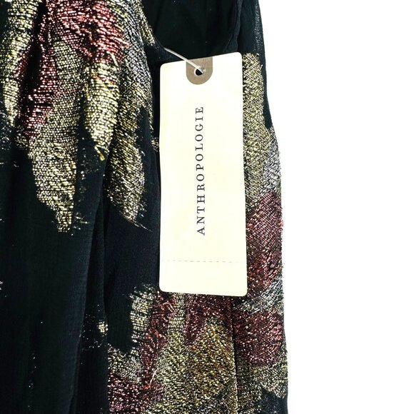 Maeve Anthropologie Shine Metallic Floral Black Sleeveless Tie-Neck Swing Dress - Picture 9 of 12